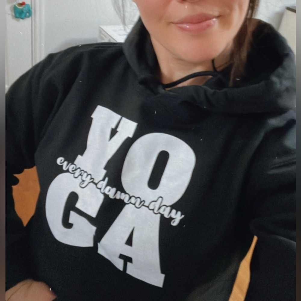Yoga Every Damn Day Hoodie No Zip With Draw Strings, Black Size Small